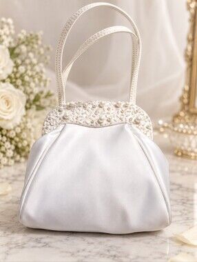 White Satin Pearl Beaded Bridal Wedding Evening Handbag Prom Purse - EUC